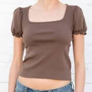 Brandy Melville Kehlani Square Neck Brown Puff Sleeve Top